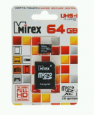 Карта памяти  MicroSDHC 64Gb Mirex Class 10 UHS-I + SD адаптер