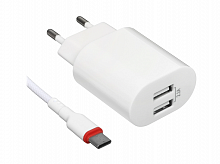 Блок питания сетевой 2 USB DEFENDER UPC-24 5В/2.1А + кабель USB/Type-C, белый 